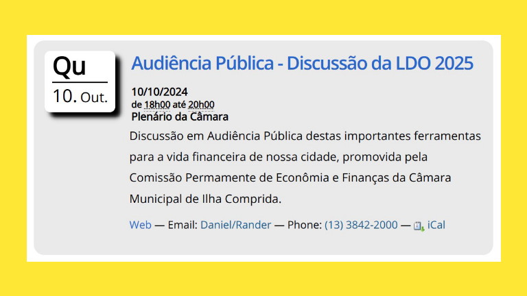 Câmara Municipal de Ilha Comprida CONVIDA para participação na Audiência Pública da LDO 2025.